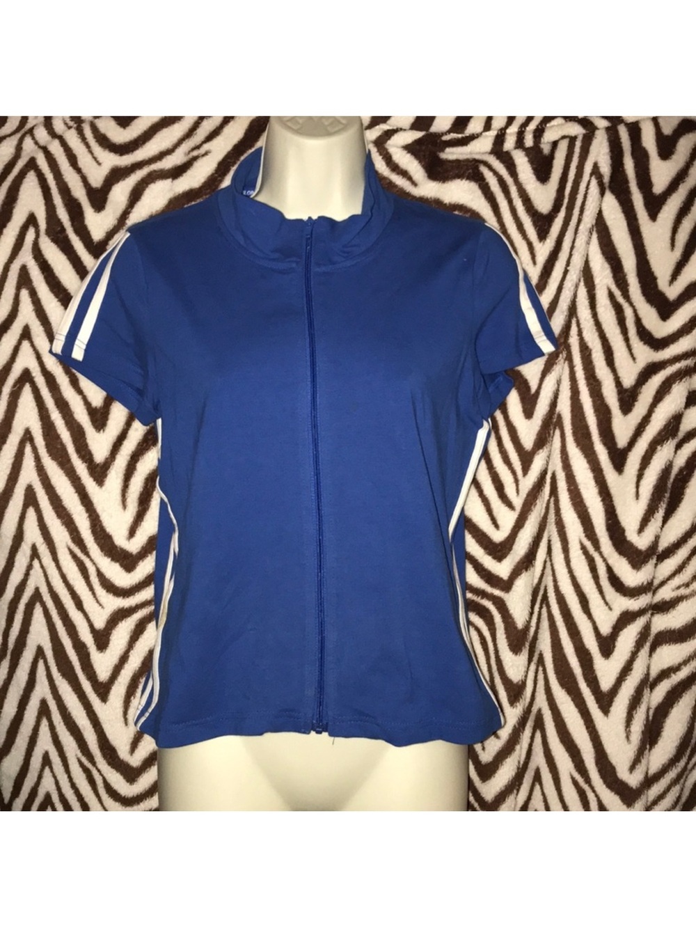Gloria Vanderbilt sport PS Blue Zip-Front Short Sleeve Top with White Stripes
